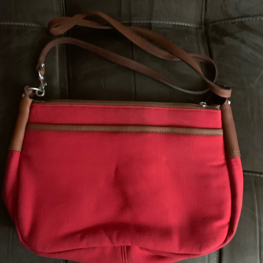 Orvis Red and Cream Canvas Tote with leather strap. Vintage